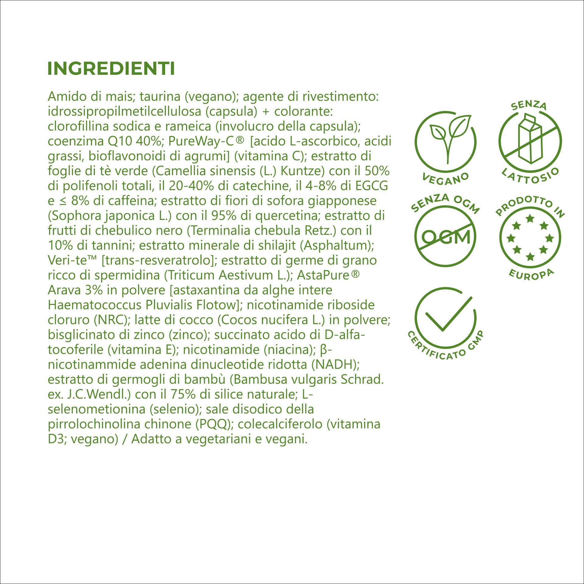 MitoBoost NAD+ Formula olistica, vegana, senza glutine, priva di sostanze geneticamente modificate.