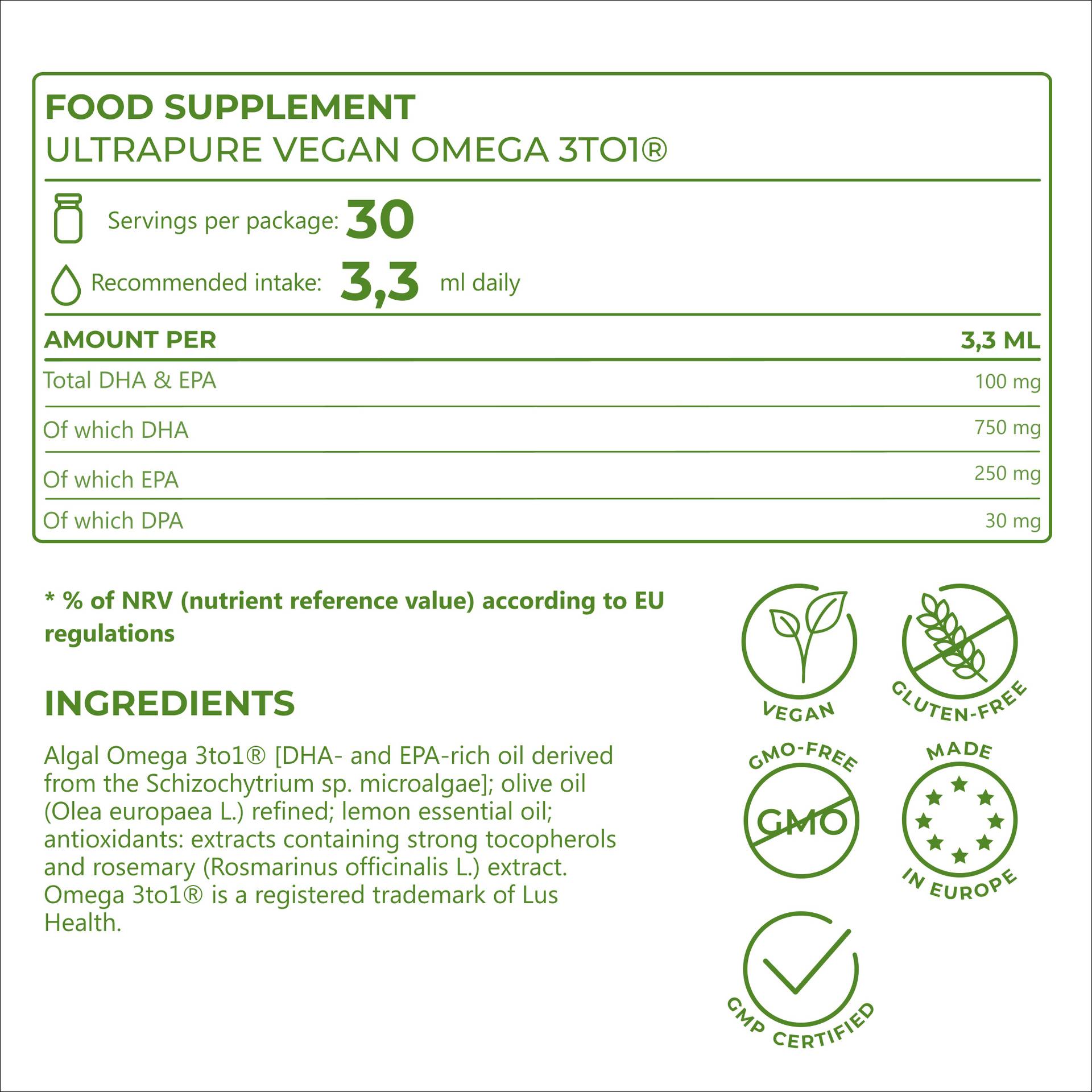 UltraPure Vegan Omega 3to1 Hochdosiert mit 250 mg EPA und 750 mg DHA