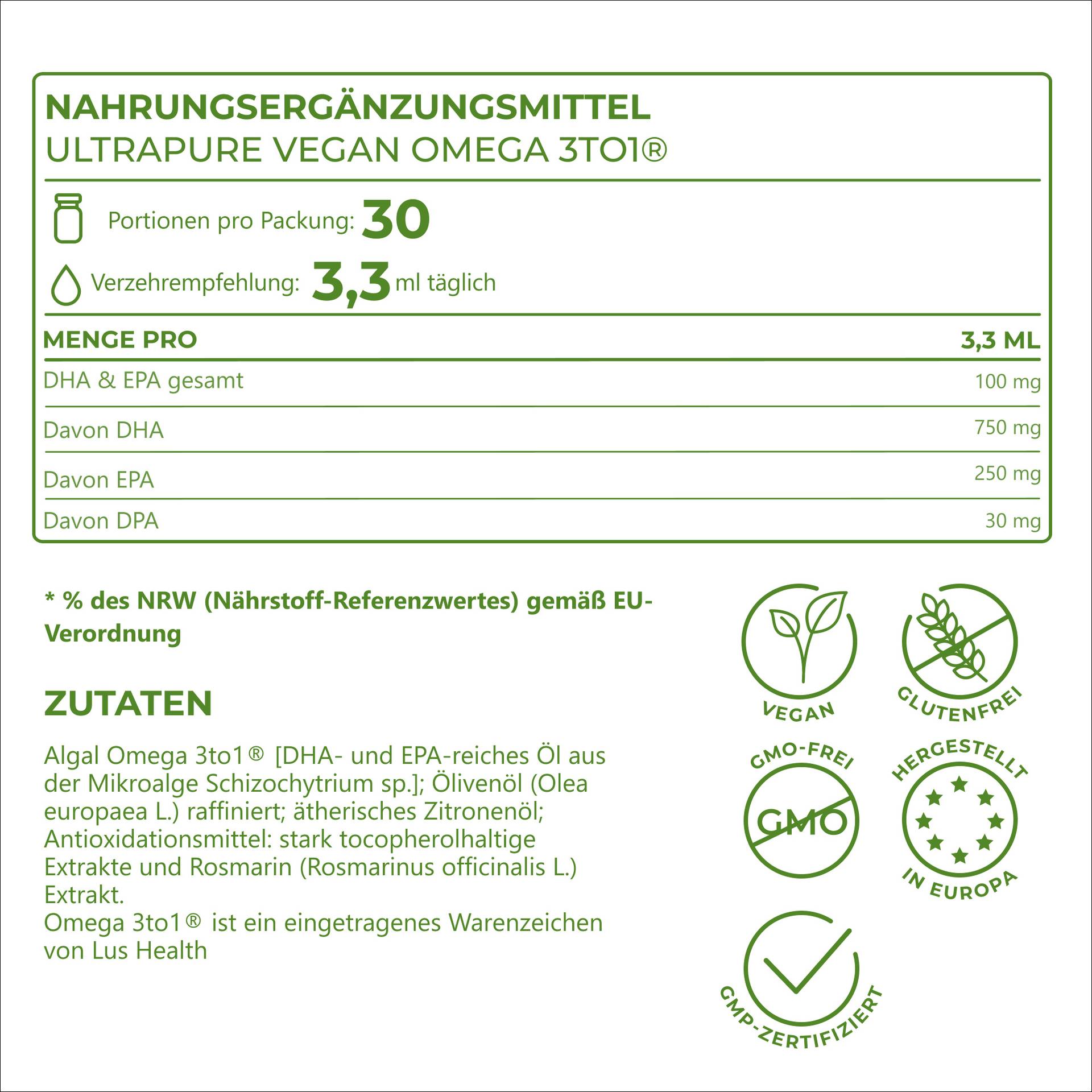 UltraPure Vegan Omega 3to1 Hochdosiert mit 250 mg EPA und 750 mg DHA