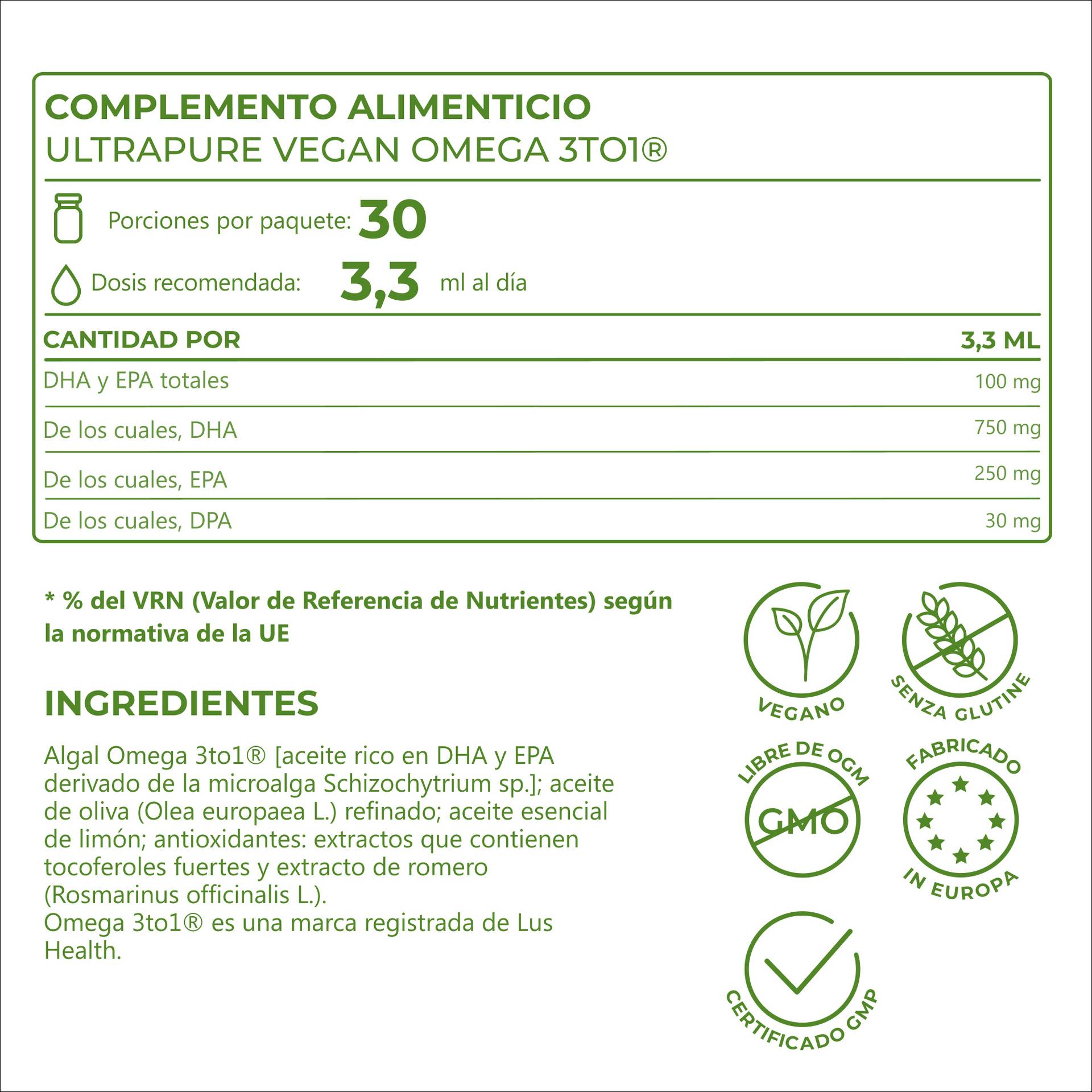 UltraPure Vegan Omega 3to1 Dosage élevé : 250 mg d’EPA et 750 mg de DHA par jour