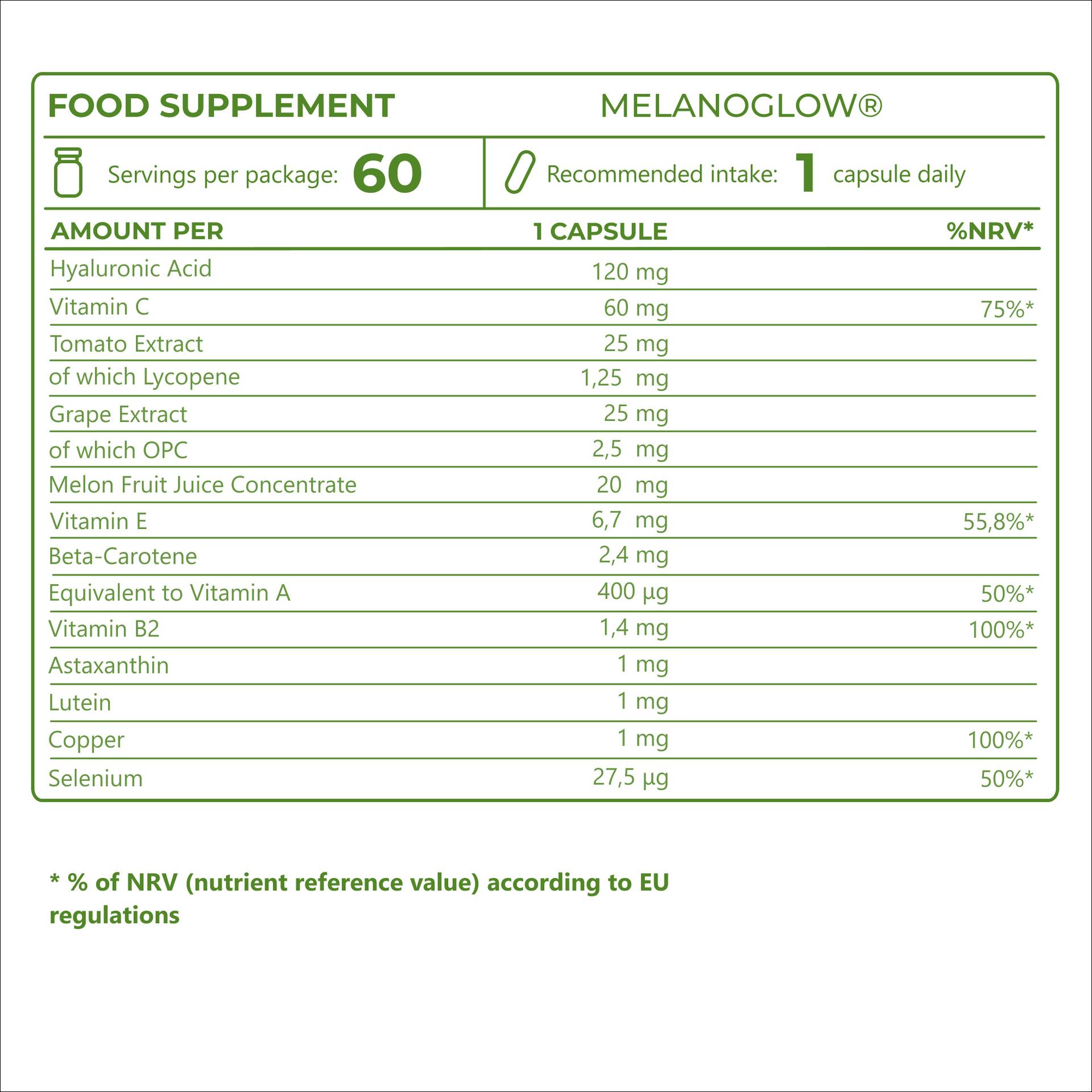 MelanoGlow With high-quality plant extracts such as Holimel®, AstaPure® and FloraGLO®