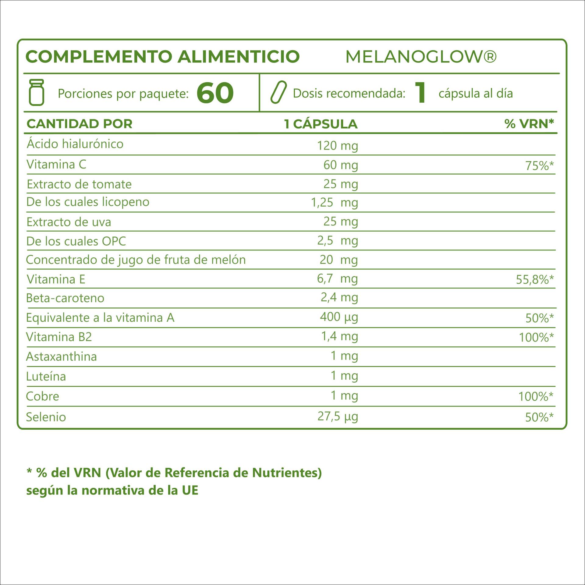 MelanoGlow Con extractos vegetales de alta calidad como Holimel®, AstaPure® y FloraGLO®