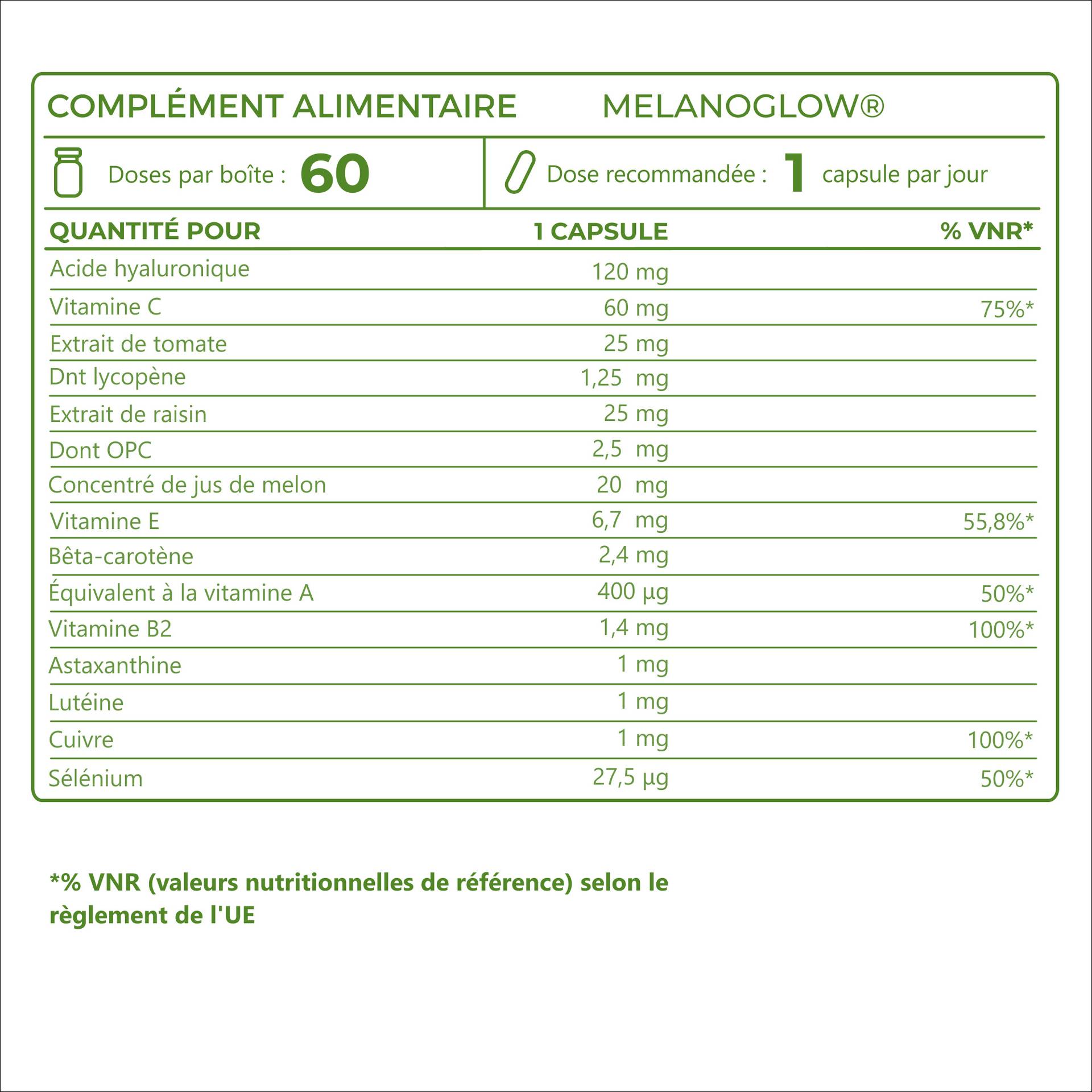MelanoGlow Contient des extraits de plantes de haute qualité tels que Holimel®, AstaPure® et FloraGLO®