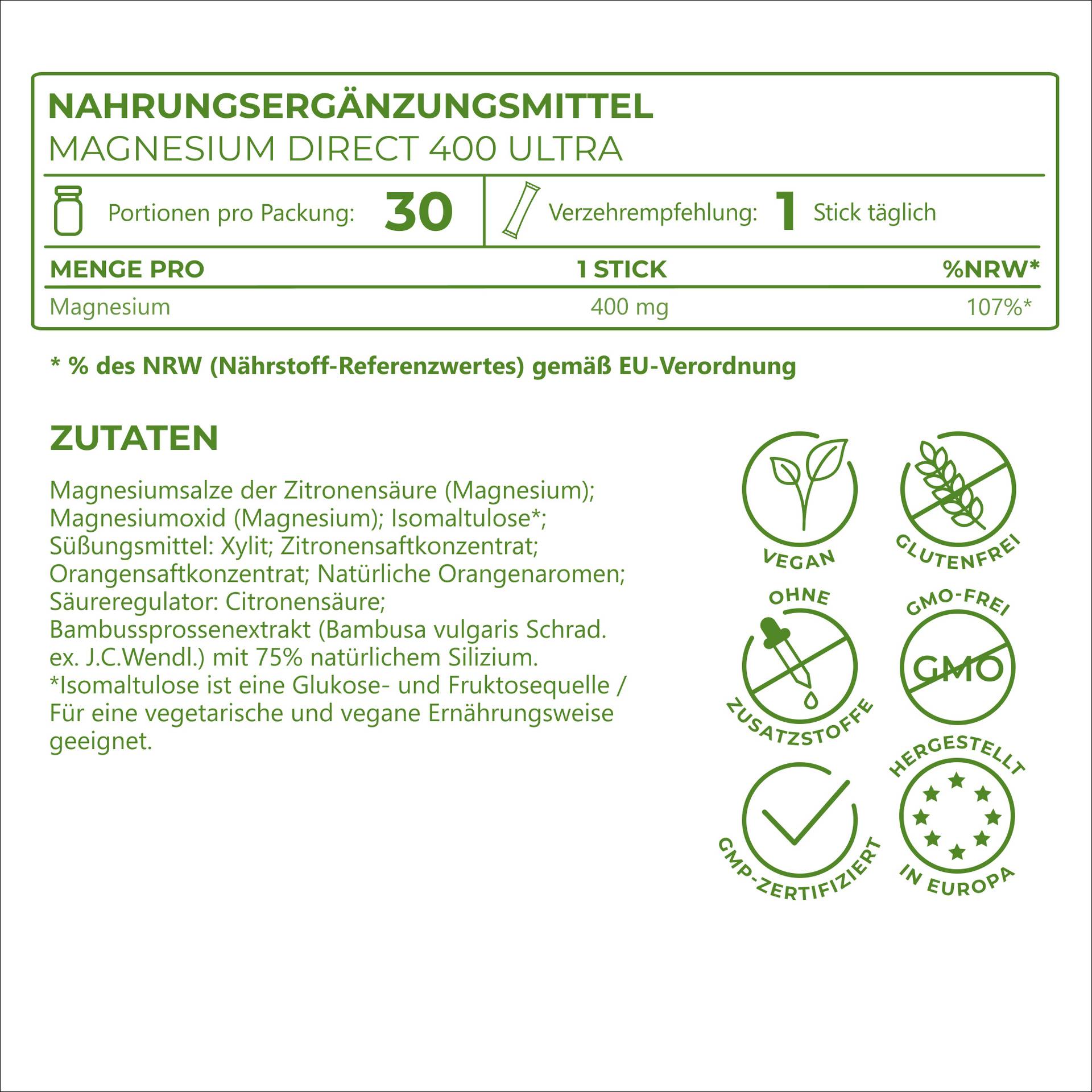 Magnesium DIRECT 400 ULTRA mit Inhaltsstoffen von höchster Qualtiät