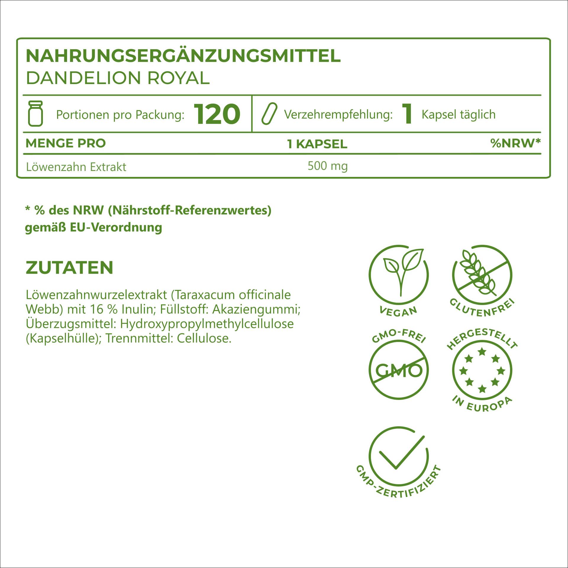 Dandelion Royal 500 mg pro Kapsel - entspricht 5.000 mg roher Löwenzahnwurzel