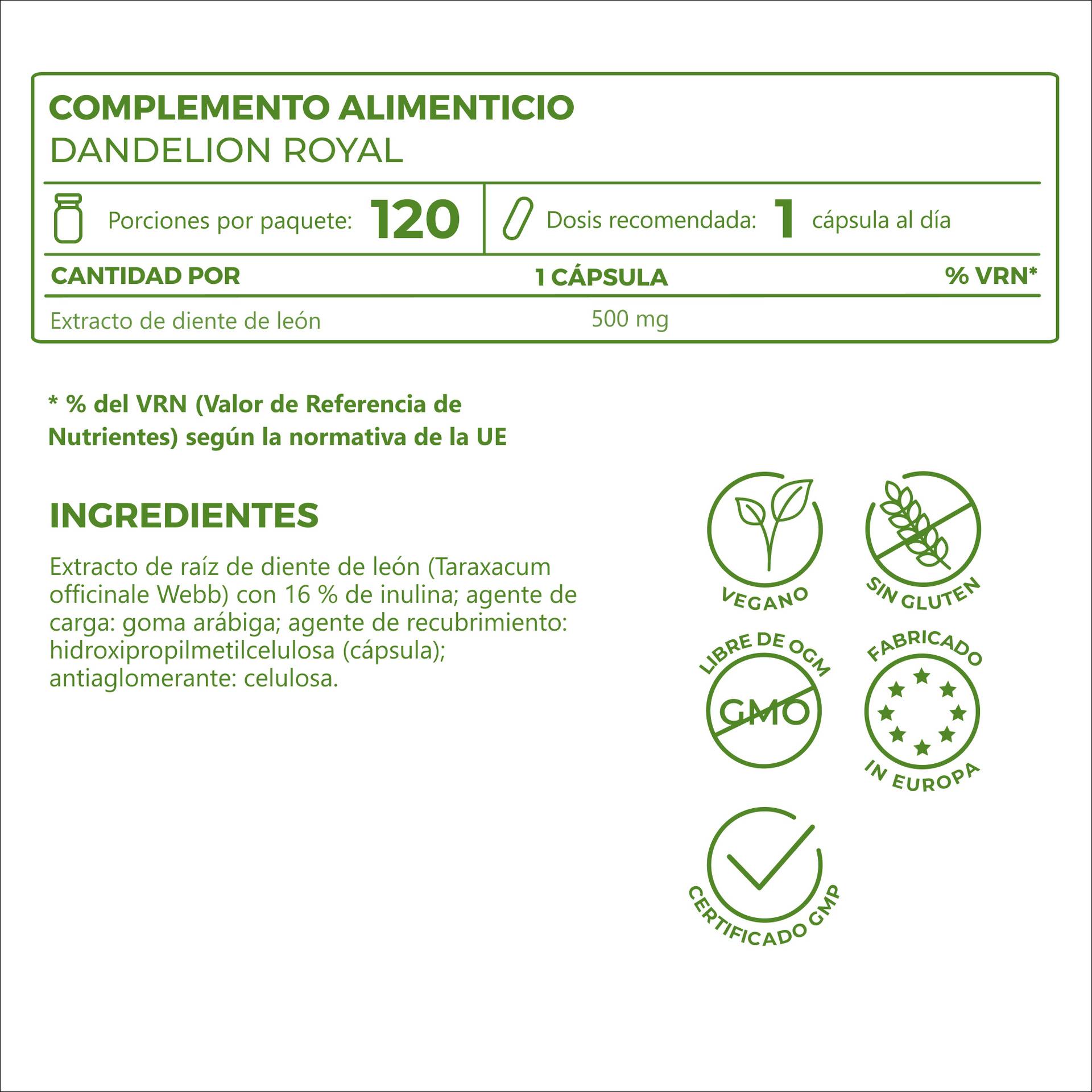 Dandelion Royal 500 mg por cápsula, equivalente a 5000 mg de raíz de diente de león cruda