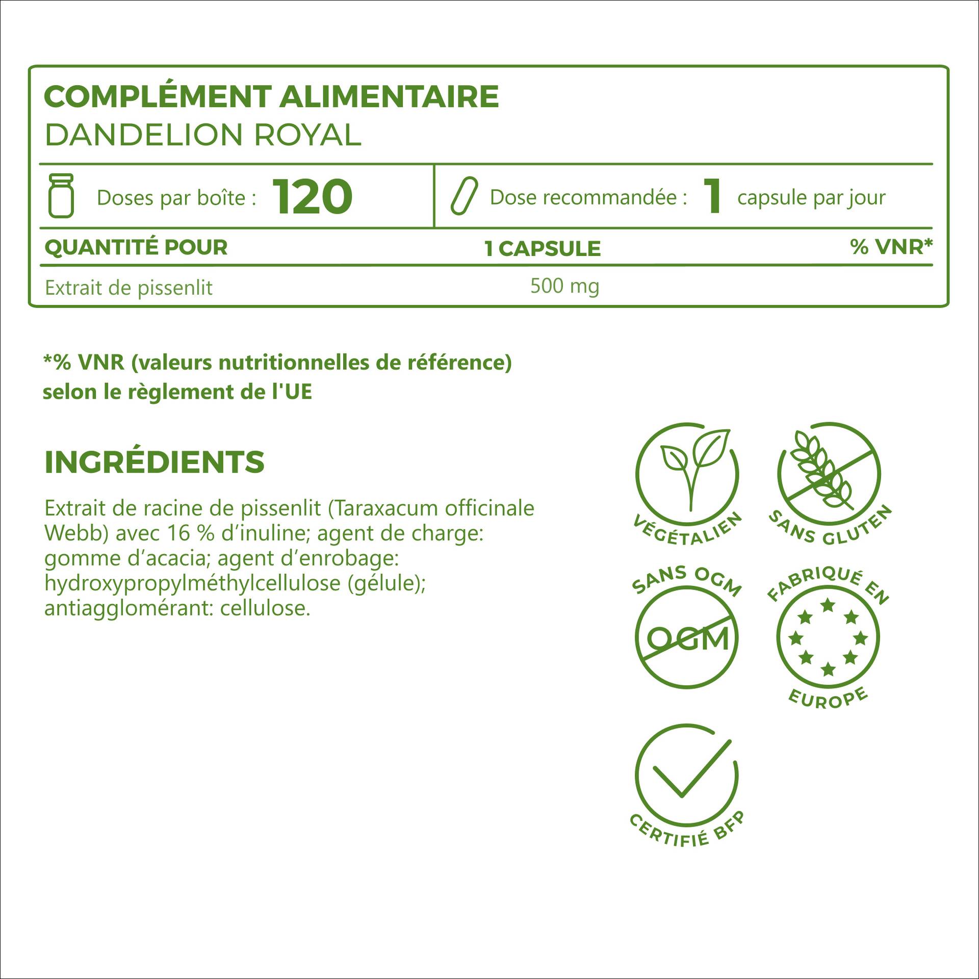 Dandelion Royal 500 mg par capsule – équivalent à 5 000 mg de racine de pissenlit brute