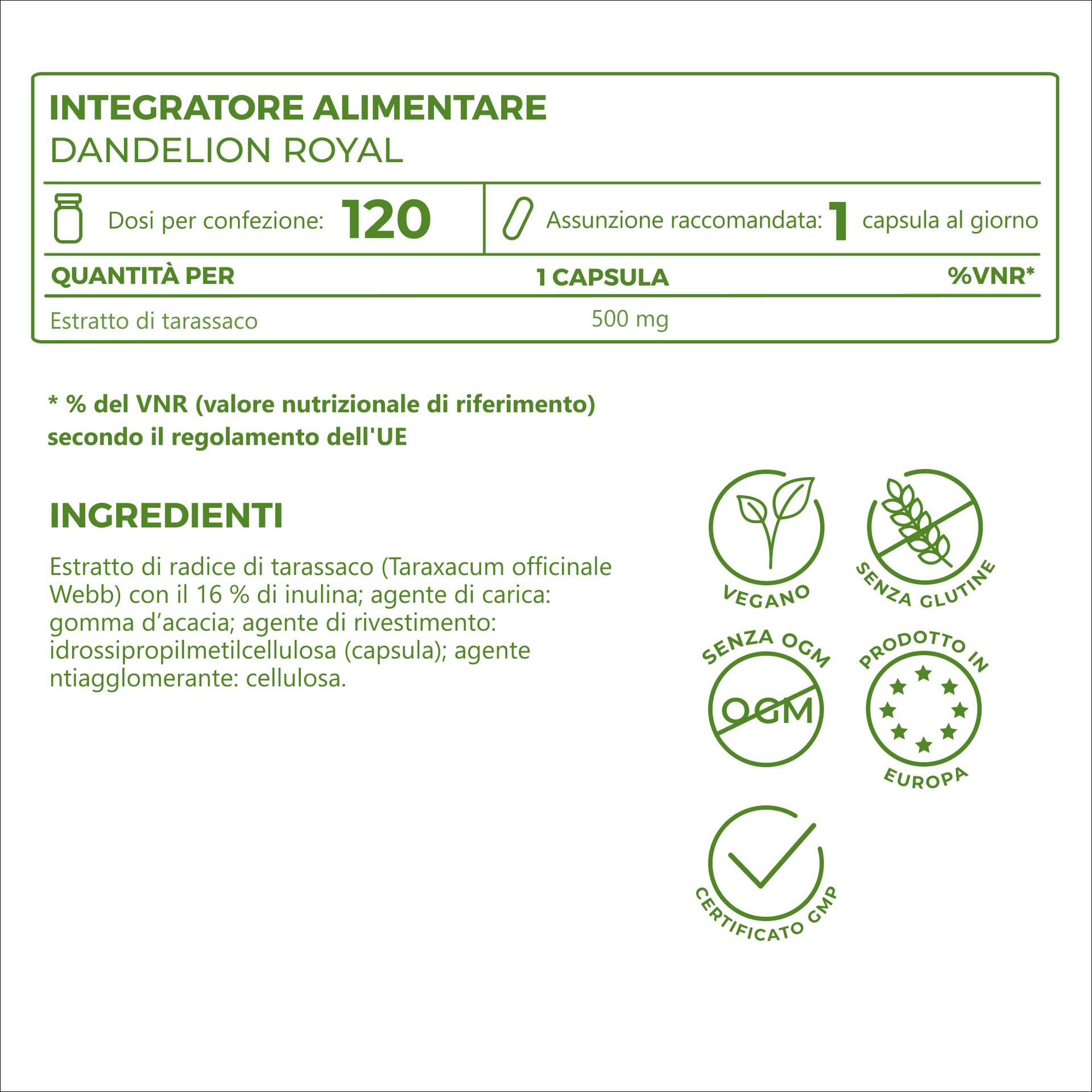 Dandelion Royal 500 mg per capsula – equivalente a 5.000 mg di radice di tarassaco grezza