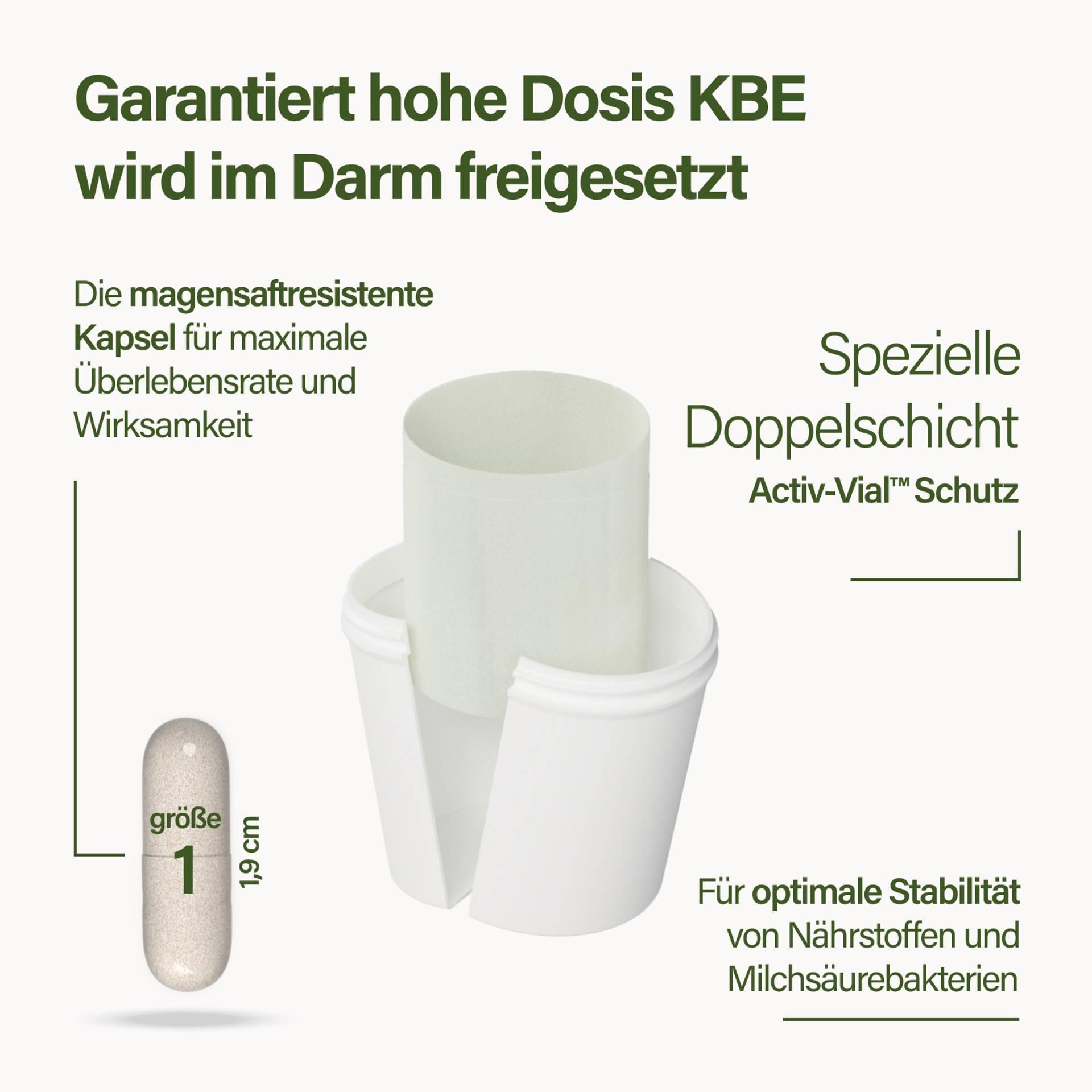 Bild zeigt in stilisierter Weise den Kapselaufbau mit Hinweis spezielle Doppelschicht für optimale Stabilität magensaftresistente Kapsel Kapselgröße 1,9 cm