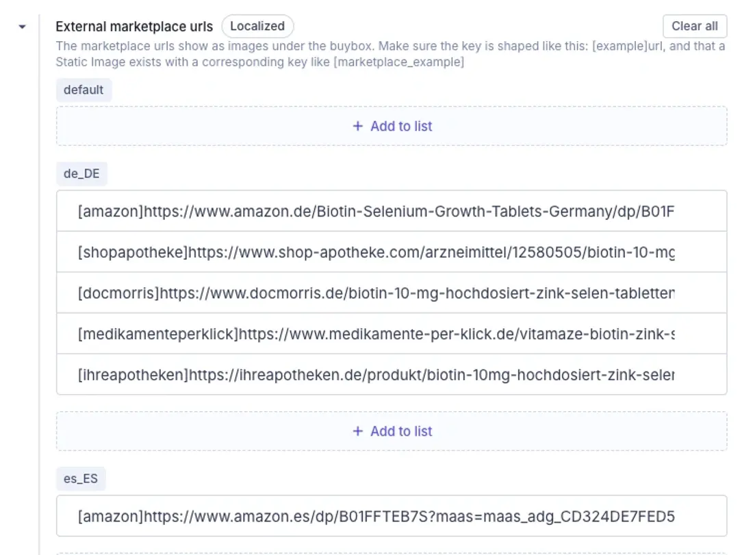 External Marketplaces fields