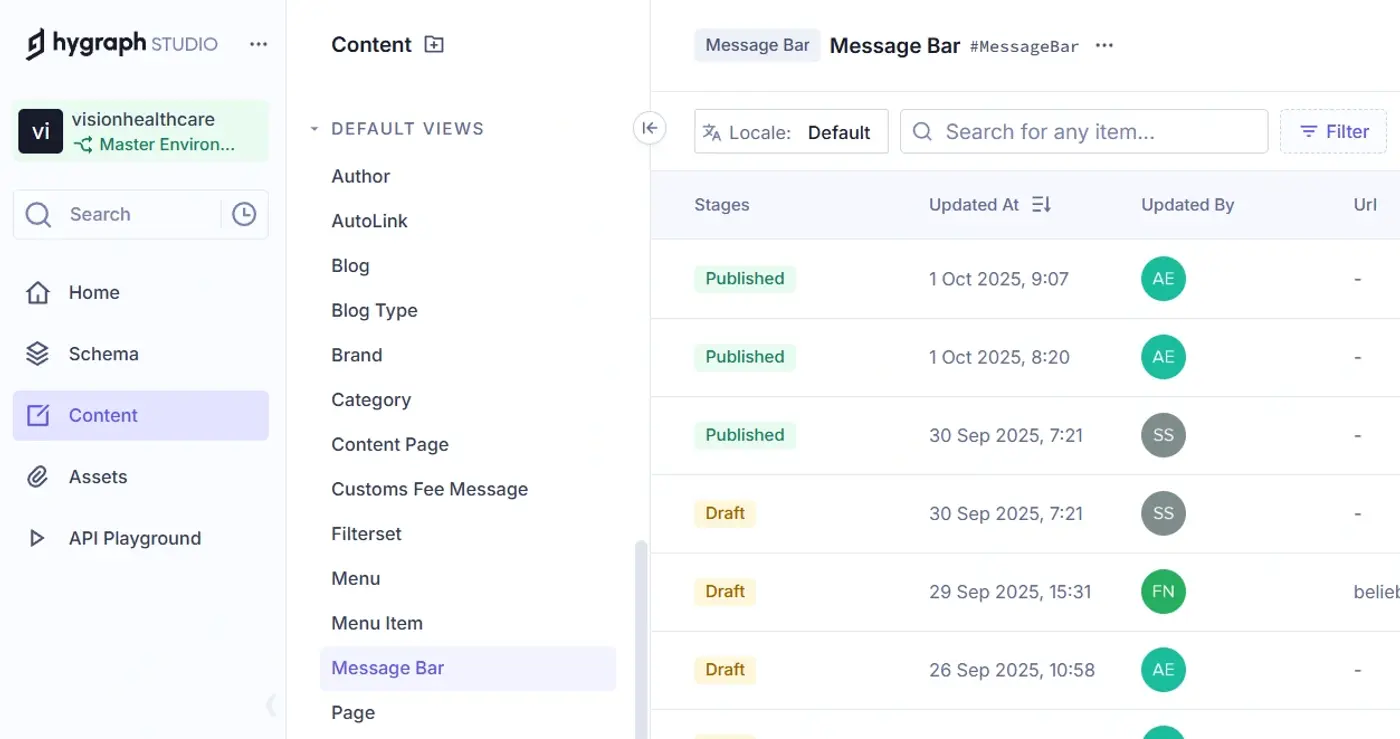 Message bar in Hygraph
