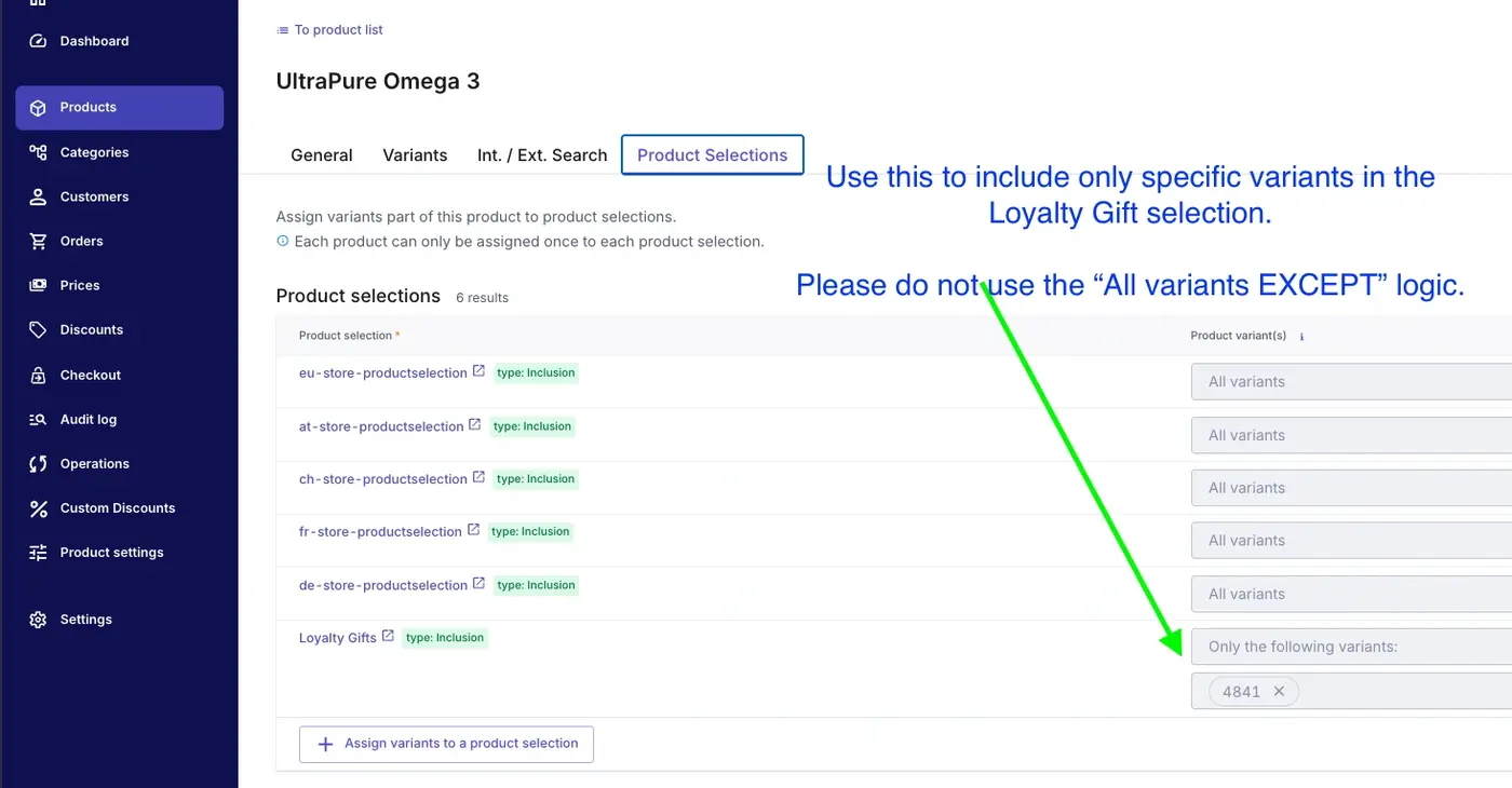Assign product to Product Selection Loyalty Gift