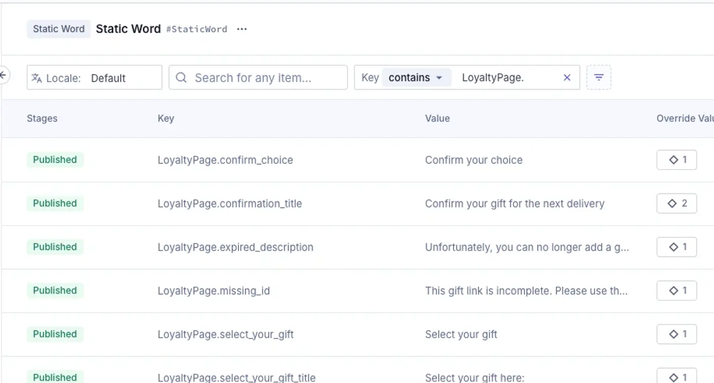 Static words entry with LoyaltyPage in it