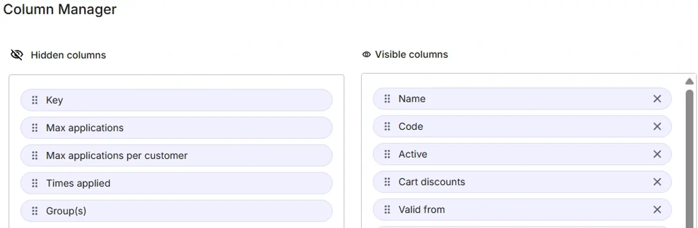 On the left side of the column manager the hidden columns are displayed