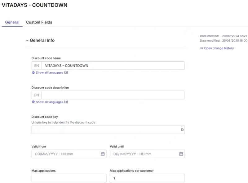 Selecting a Discount code from the list will display all it’s configurations.