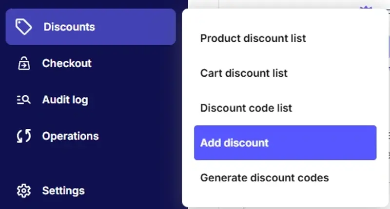 Navigate to the Discounts section in the left menu bar and select ‘Add a discount’